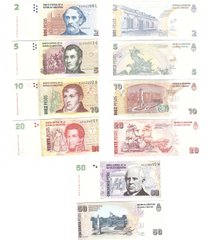 Аргентина - Set 5 banknotes 2 5 10 20 50 Pesos 2002 - 2015 - UNC