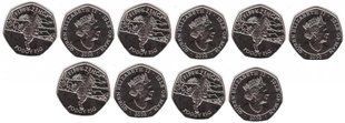 Острів Мен - 5 шт х 50 Pence 2020 - 100-річчя - ведмідь Руперт / свинка Поджі / - UNC
