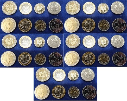 Кения - 5 шт х набор 4 монеты 1 5 10 20 Shillings 2018 - UNC