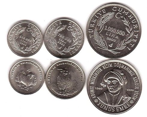 Туреччина - набір 3 монети 500000 750000 1000000 Lira 2002 - UNC