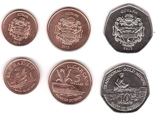 Гайана - 5 шт х набор 3 монеты 1 5 10 Dollars 2012 - 2015 - UNC