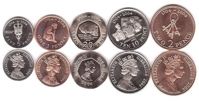 Gibraltar - set 5 coins 1 2 5 10 20 Pence 2004 - UNC
