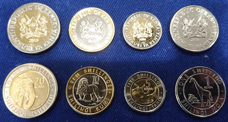 Кения - 5 шт х набор 4 монеты 1 5 10 20 Shillings 2018 - UNC