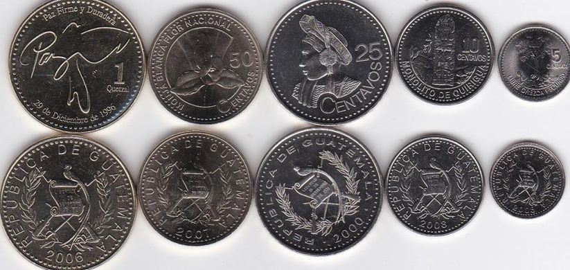 Гватемала - 5 шт х набор 5 монет 5 10 25 50 Centavos 1 Quetzal 2000 - 2008 - UNC