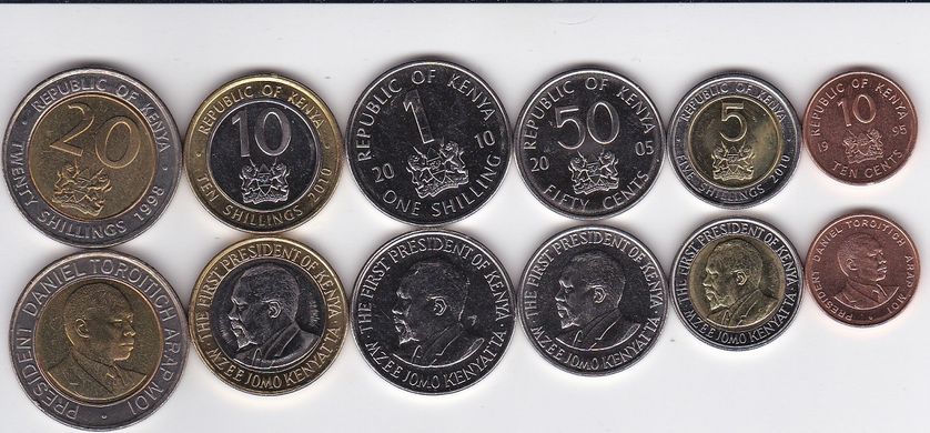 Кенія - набір 6 монет 10 50 Cents 1 5 10 20 Shillings 1995 - 2010 - UNC