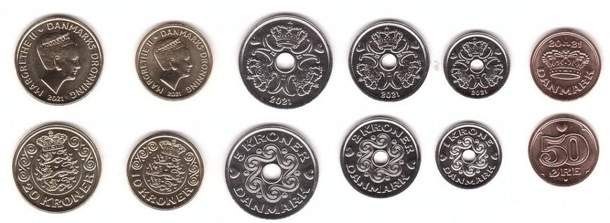 Дания - набор 6 монет 0,5 1 2 5 10 20 Kroner 2021 - UNC