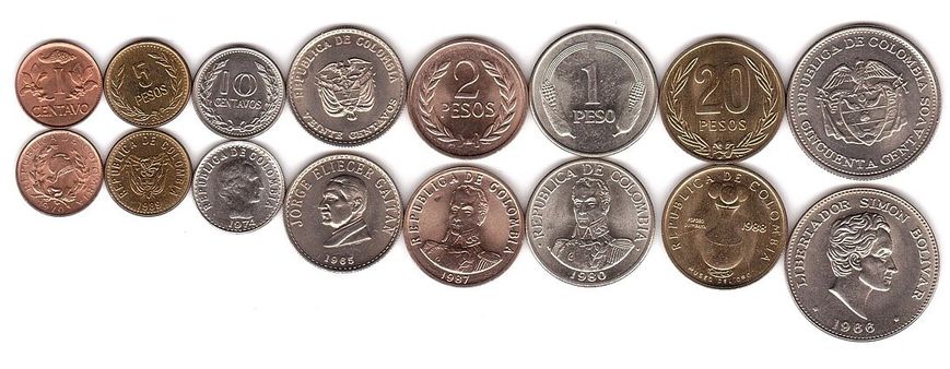 Colombia - set 8 coins 1 5 10 20 Centavos 1 2 5 20 Pesos 1965 - 1989 - UNC / aUNC
