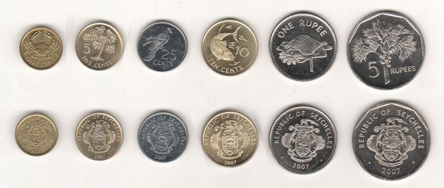 Seychelles - set 6 coins 1 5 10 25 Cents 1 5 Rupees 2004 - 2007 - UNC