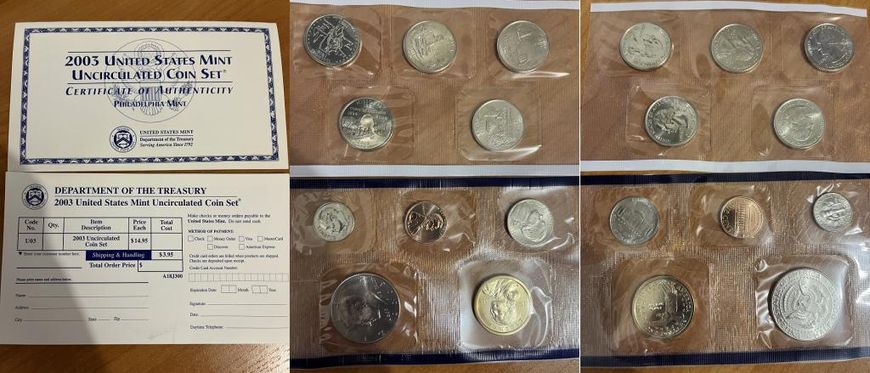 США - набір 10 монет 1 Cent 5 Cents 1 Dime 50 (1/2) Cents 1 Dollar + 25 Cents ( 5 шт ) 2003 - P - Philadelphia - Blue - UNC