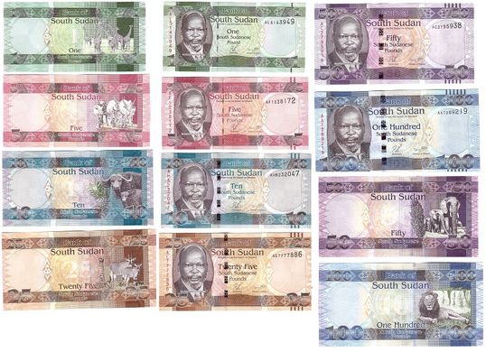 South Sudan - set 6 banknotes 1 5 10 25 50 100 Pounds 2011 - UNC