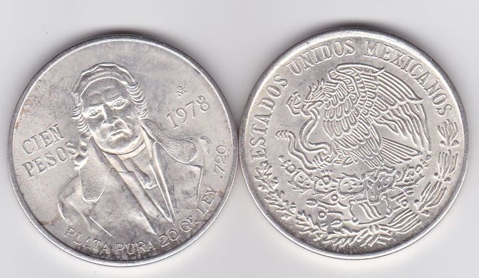 Мексика - 100 Pesos 1978 - срібло - XF- / VF+