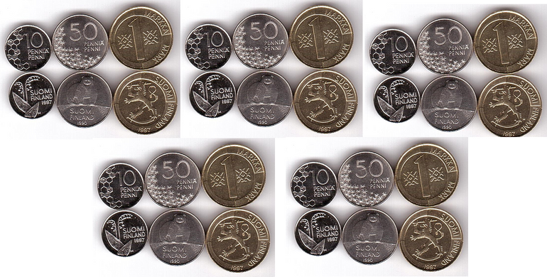 Фінляндія - 5 шт х набір 3 монети 10 50 Penni 1 Markaa 1990 - 1997 - UNC