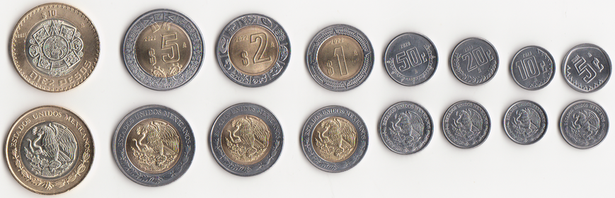 Мексика - набір 8 монет 5 10 20 50 Cents 1 2 5 10 Pesos 2001 - 2022 - UNC