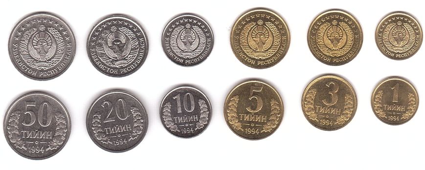 Узбекистан - 5 шт х набор 6 монет 1 3 5 10 20 50 Tiiyin 1994 - звезд больше - UNC