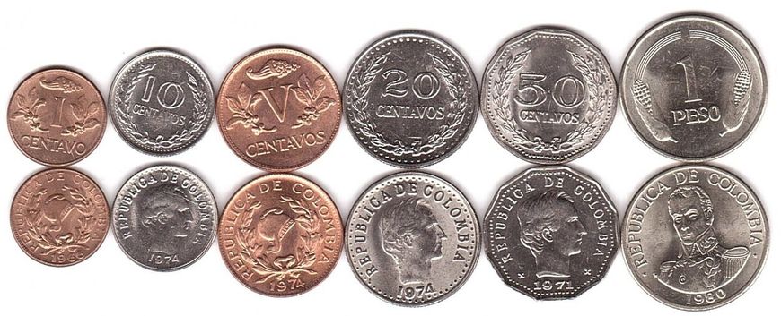 Колумбия - набор 6 монет 1 5 10 20 50 Centavos 1 Peso 1966 - 1980 - aUNC