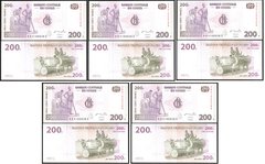 Конго ДР - 5 шт х 200 Francs 2007 - P. 99 - UNC