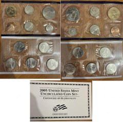 США - набір 10 монет 1 Cent 5 Cents 1 Dime 50 (1/2) Cents 1 Dollar + 25 Cents ( 5 шт ) 2005 - P - Philadelphia - Blue - UNC