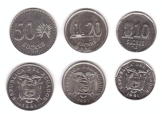 Еквадор - набір 3 монети - 10 20 50 Sucres 1991 - aUNC