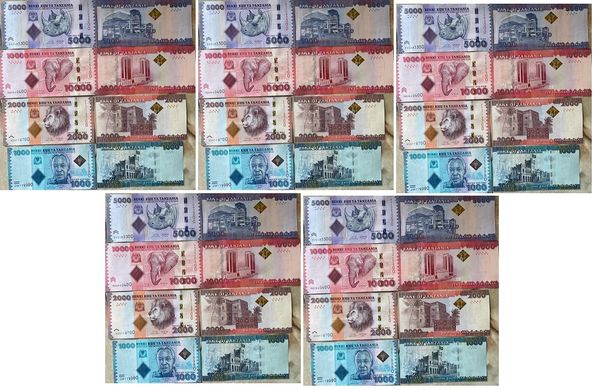 Tanzania - 5 pcs x set 4 banknotes 1000 2000 5000 10000 Shillings 2019 - 2020 - UNC