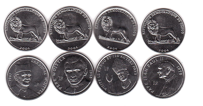 Конго - набір 4 монети ( 4 x 1 Franc ) 2004 - Папа Римський - UNC