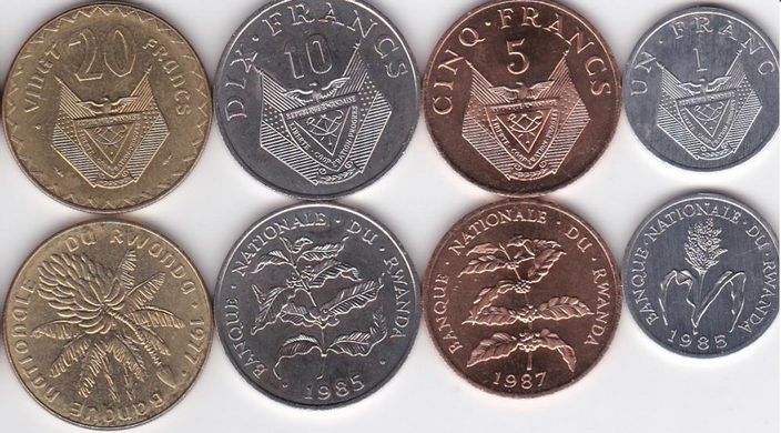Rwanda - 5 pcs x set 4 coins 1 5 10 20 Francs 1977 - 1987 - UNC
