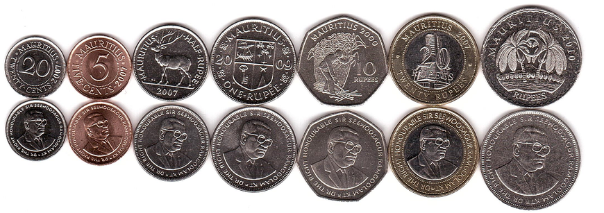 Mauritius - 5 pcs x set 7 coins 5 20 Cents Half 1 5 10 20 Rupees 2000 - 2010 - UNC / aUNC