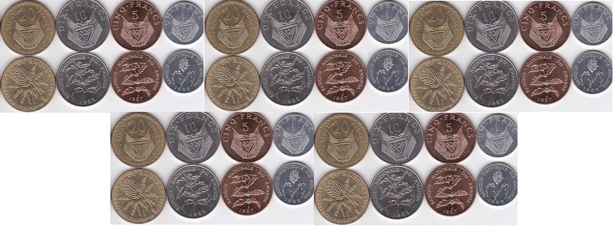 Руанда - 5 шт х набір 4 Монети 1 5 10 20 Francs 1977 - 1987 - UNC