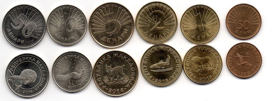 Македония - набор 6 монет 50 Deni 1 2 5 10 50 Denari 1993 - 2018 - UNC