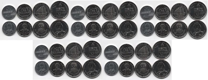 Paraguay - 5 pcs х set 4 coins 50 100 500 1000 Guaranies 2019 - 2022 - UNC