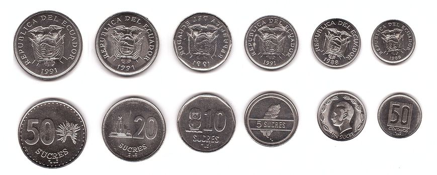 Ecuador - 5 pcs x set 6 coins - 50 Centavos 1 5 10 20 50 Sucres 1988 - 1991 - UNC