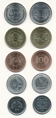 Lebanon - set 5 coins 25 50 100 250 500 Pounds 2002 - 2018 - UNC