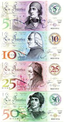 Лія Антуотика - набір 4 банкноти 5 10 25 50 Sivar Pirate-Notes 2017 - Fantasy - Polymer - UNC