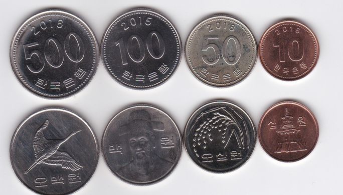 Корея Южная - набор 4 монеты 10 50 100 500 Won 2015 / 2016 - UNC