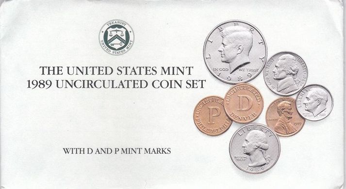 США - mint набір 10 монет 1 1 Dime 1 1 5 5 Cents 1/4 1/4 1/2 1/2 Dollar + 2 token 1989 - P - D - UNC
