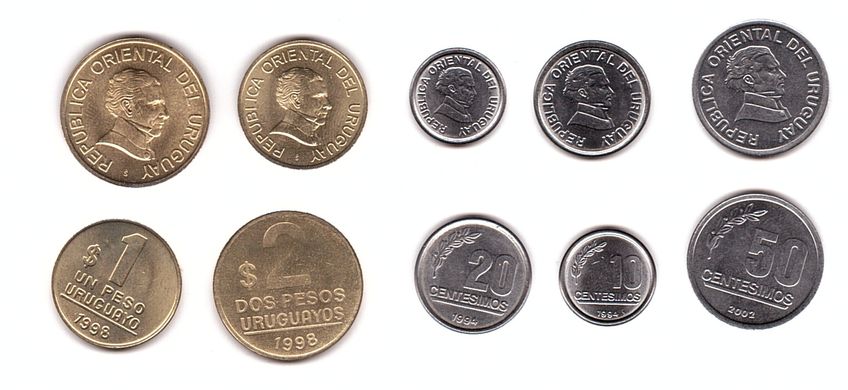 Уругвай - набор 5 монет 10 20 50 Centesimos 1 2 Pesos 1994 - 2002 - UNC