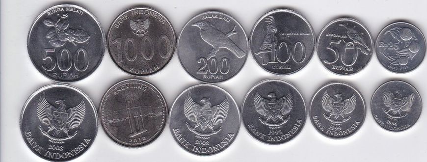 Indonesia - 5 pcs x set 6 coins 25 50 100 200 500 1000 Rupiah 1994 - 2010 - UNC