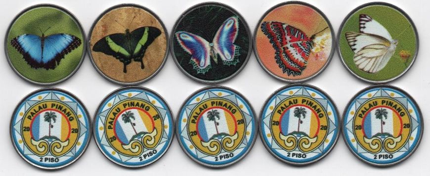 Fantasy - Palau Pinang - набор 5 монет x 2 Piso 2020 - Бабочки / Butterflies - UNC