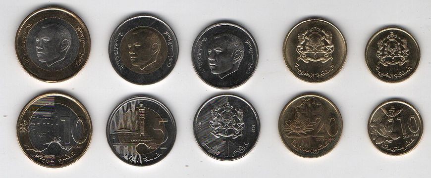 Morocco - set 5 coins 10 20 Santimat 1 5 10 Dihrams 2018 - 2019 - UNC