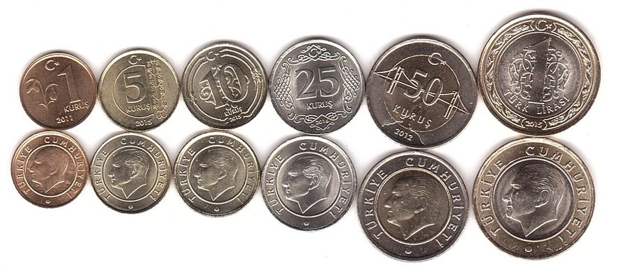 Туреччина - набір 6 монет 1 5 10 25 50 Kurus + 1 Lirasi 2011 - 2016 - UNC