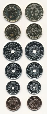 Дания - 5 шт х набор 6 монет 0,5 1 2 5 10 20 Kroner 2022 - UNC