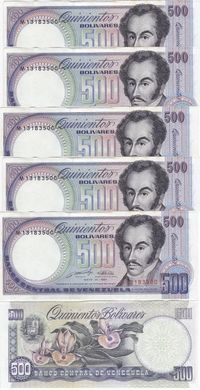 Венесуэла - 5 шт х 500 Bolivares 1990 - P. 67d - aUNC / UNC