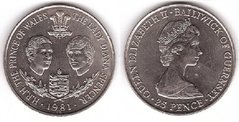 Гернси - 25 Pence 1981 - Леди Диана и принц Боливик и Гернси - aUNC