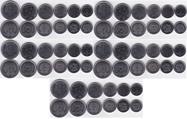 Бразилия - 5 шт х набор 6 монет - 1 5 10 20 50 Centavos 1 Cruzado 1986 - 1988 - UNC
