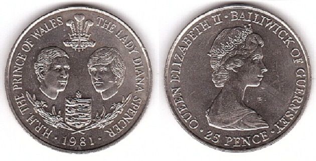 Гернсі - 25 Pence 1981 - Леді Діана і принц Болівік і Гернсі - aUNC