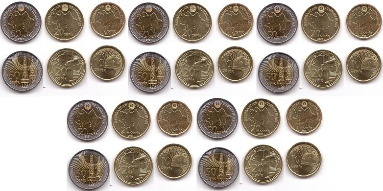 Азербайджан - 5 шт х набор 3 монеты - 10 20 50 Qapik 2021 - UNC