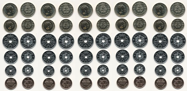 Дания - 5 шт х набор 6 монет 0,5 1 2 5 10 20 Kroner 2022 - UNC