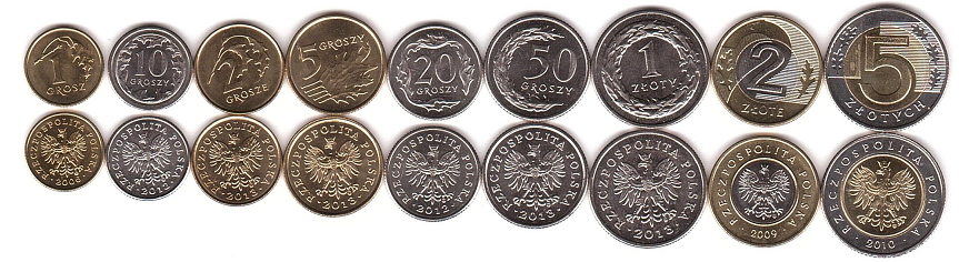 Польща - набір 9 монет 1 2 5 10 20 50 Groszy 1 2 5 Zlotych 2006 - 2013 - UNC