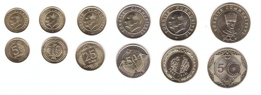 Турция - набор 6 монет 5 10 25 50 Kurus 1 5 Lira 2023 - UNC