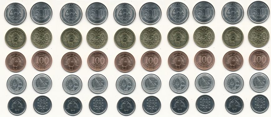 Ливан - 5 шт х набор 5 монет 25 50 100 250 500 Pounds 2002 - 2018 - UNC