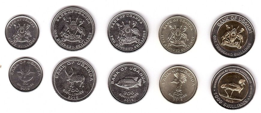Уганда - набір 5 монет 50 100 200 500 1000 Shilingi 2012 - 2015 - UNC